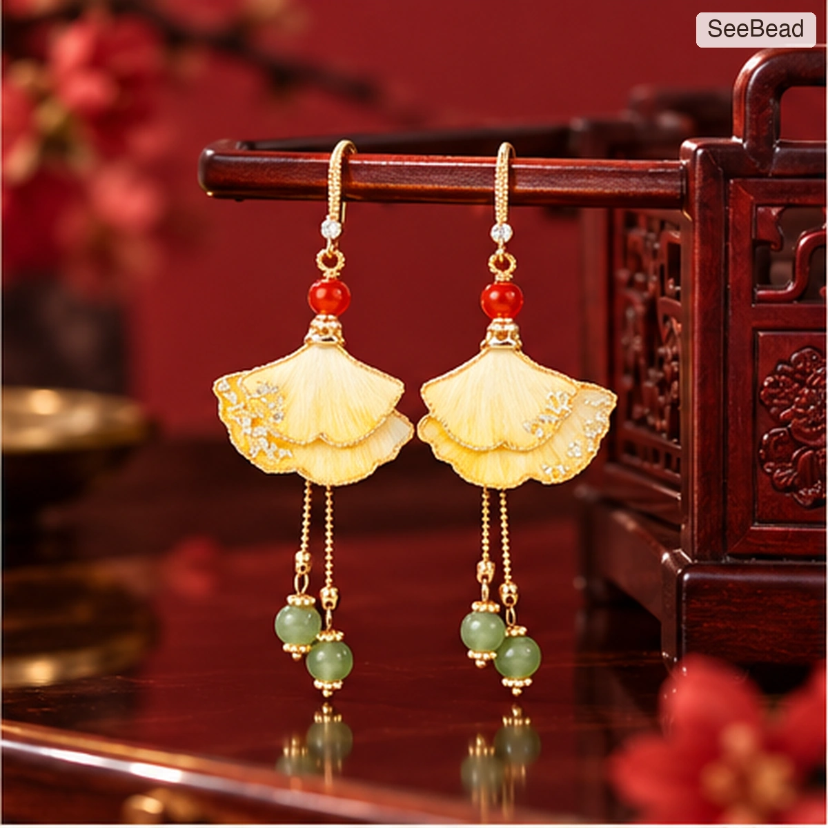 Golden Ginkgo Handmade Ronghua Earrings - scene