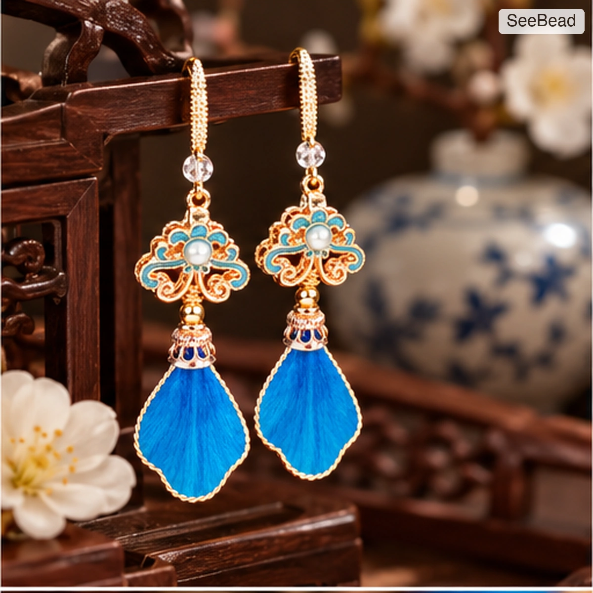Blue Feather Handmade Ronghua Earrings - scene