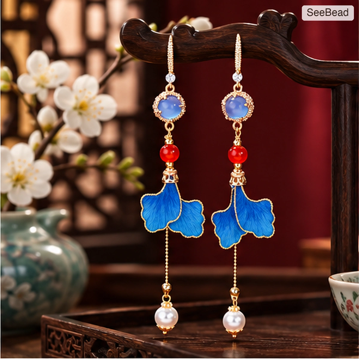 Blue Leaf Handmade Ronghua Earrings - scene