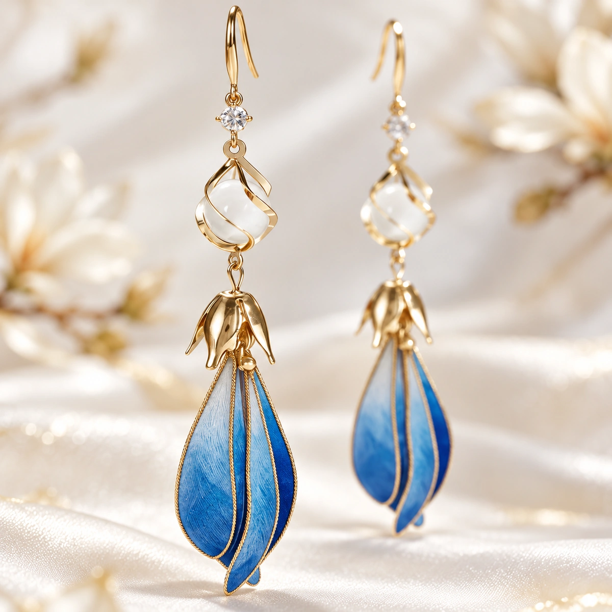 Ronghua earring silk fibers and gold edge detail