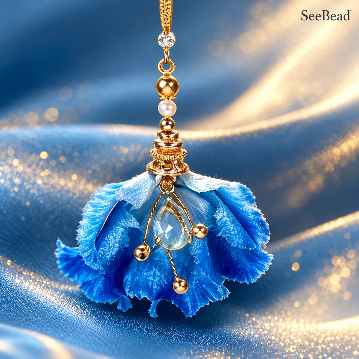 Blue iris silk fiber and crystal detail