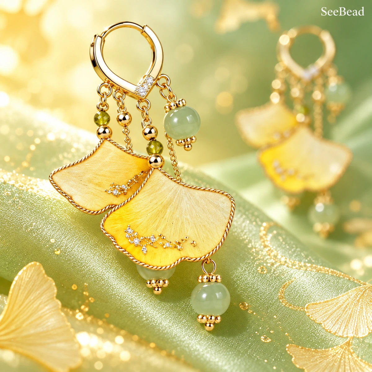 Twin Ginkgo silk leaf and bead detail