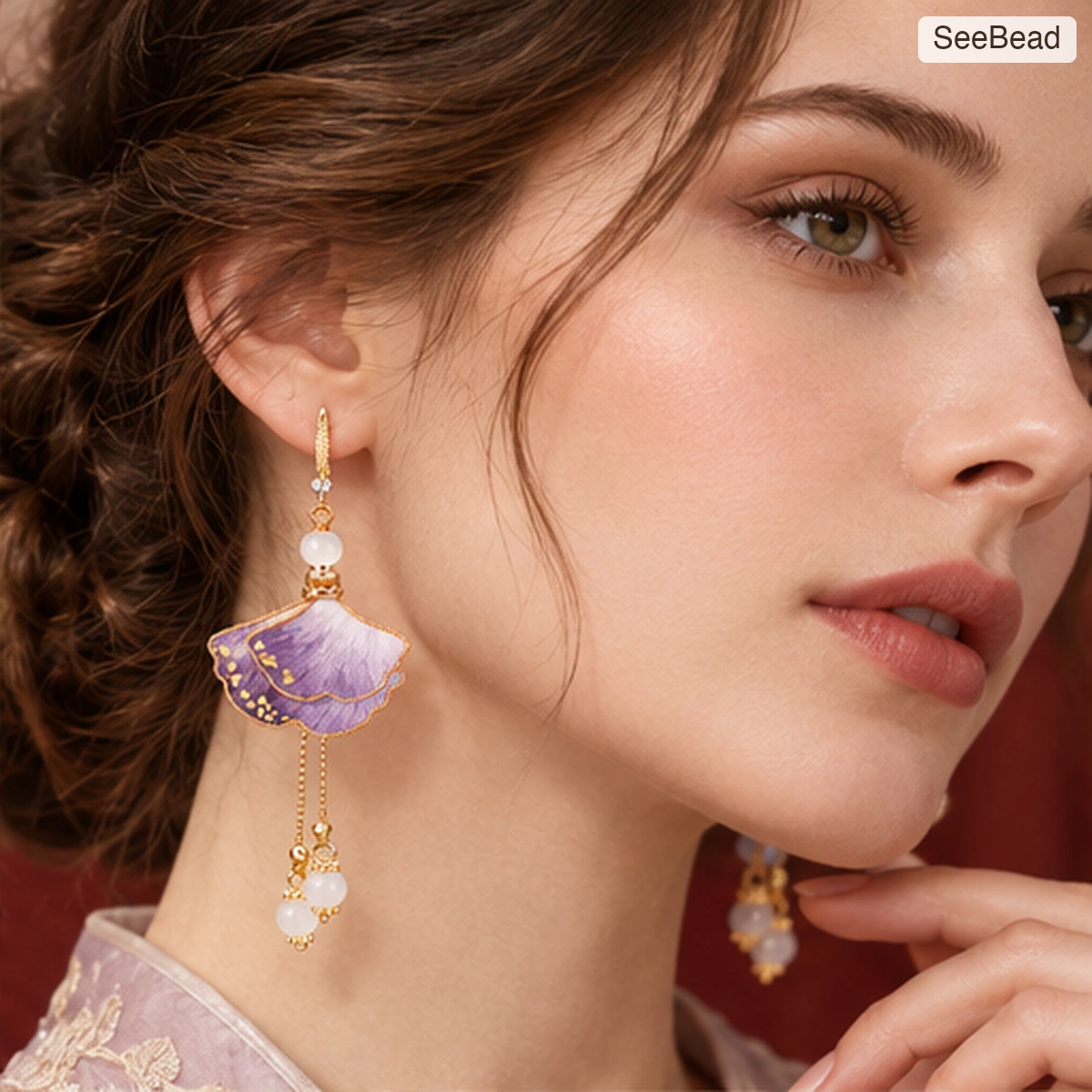 Purple Ginkgo Leaf Handmade Ronghua Earrings - worn