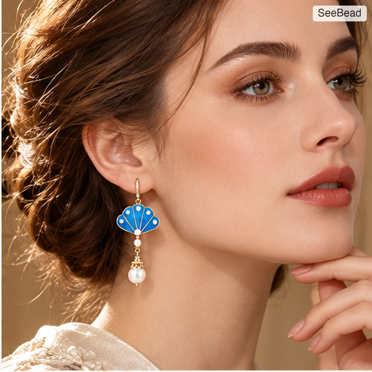 Ocean Shell Handmade Ronghua Earrings - worn