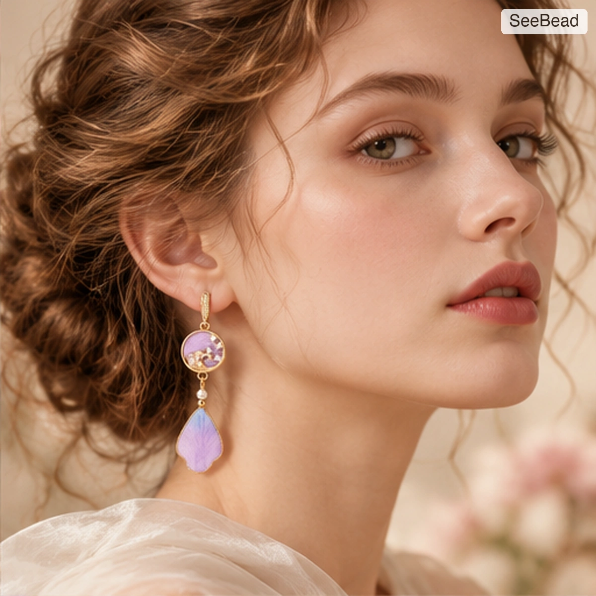 Purple Sunset Handmade Ronghua Earrings - worn