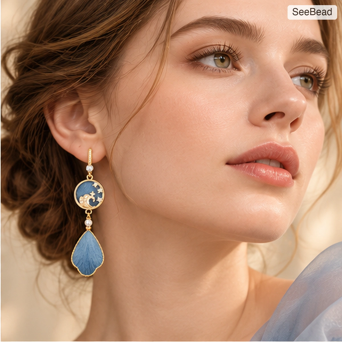 Sky Blue Tide Handmade Ronghua Earrings - worn