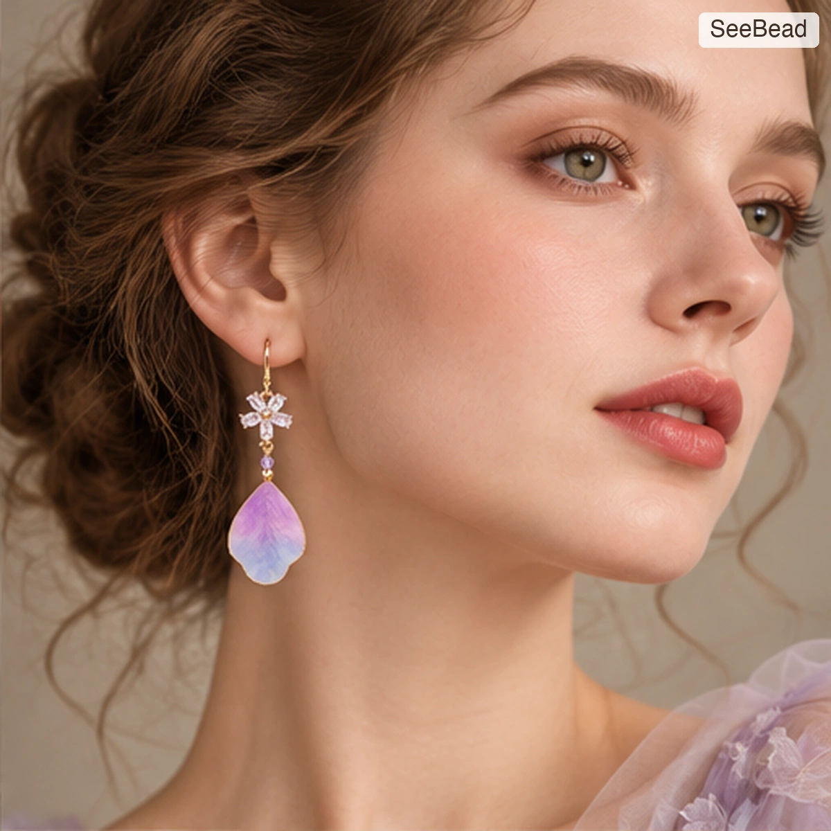 Purple Cloud Handmade Ronghua Earrings - worn