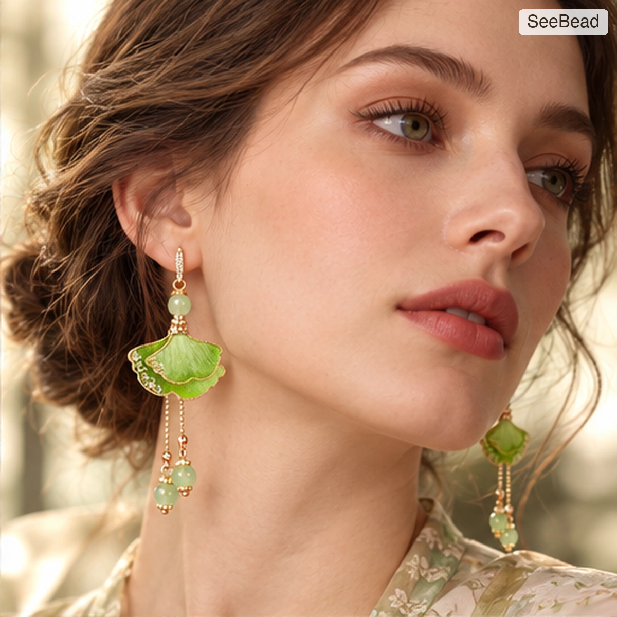 Spring Ginkgo Handmade Ronghua Earrings - worn