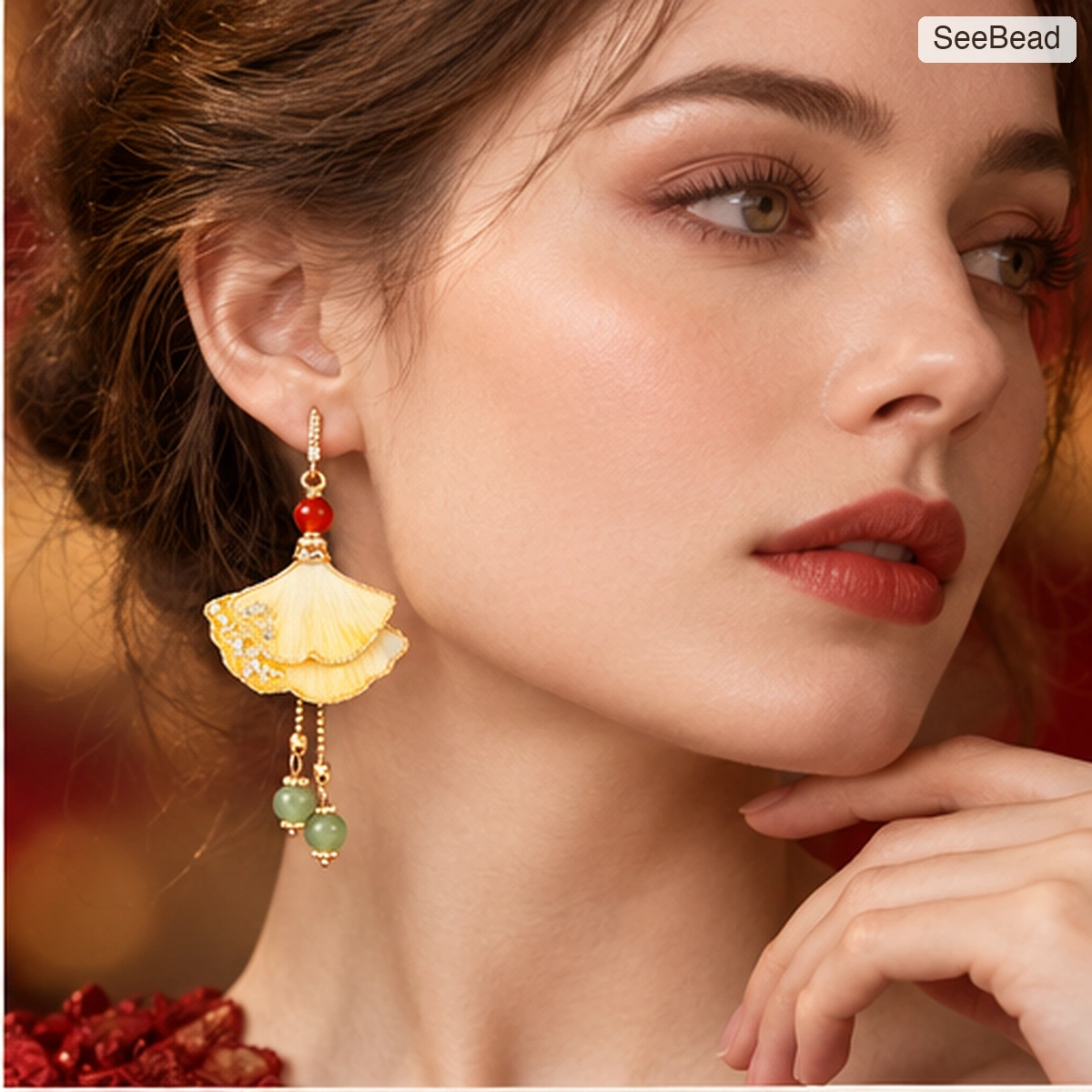 Golden Ginkgo Handmade Ronghua Earrings - worn