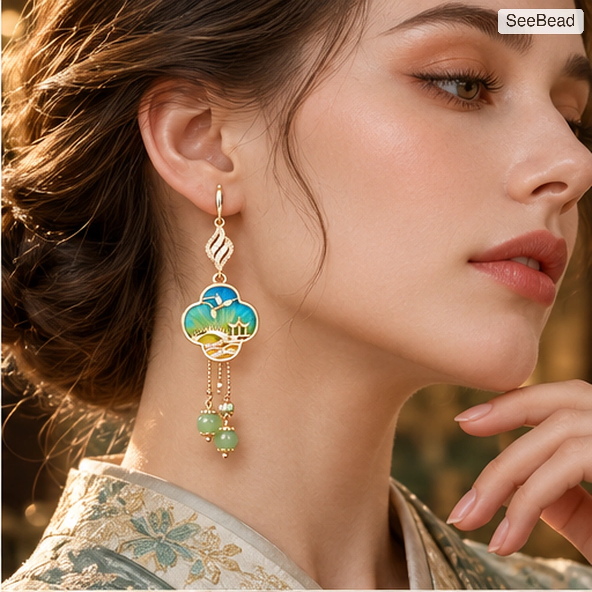 Jiangting Evening Handmade Ronghua Earrings - worn