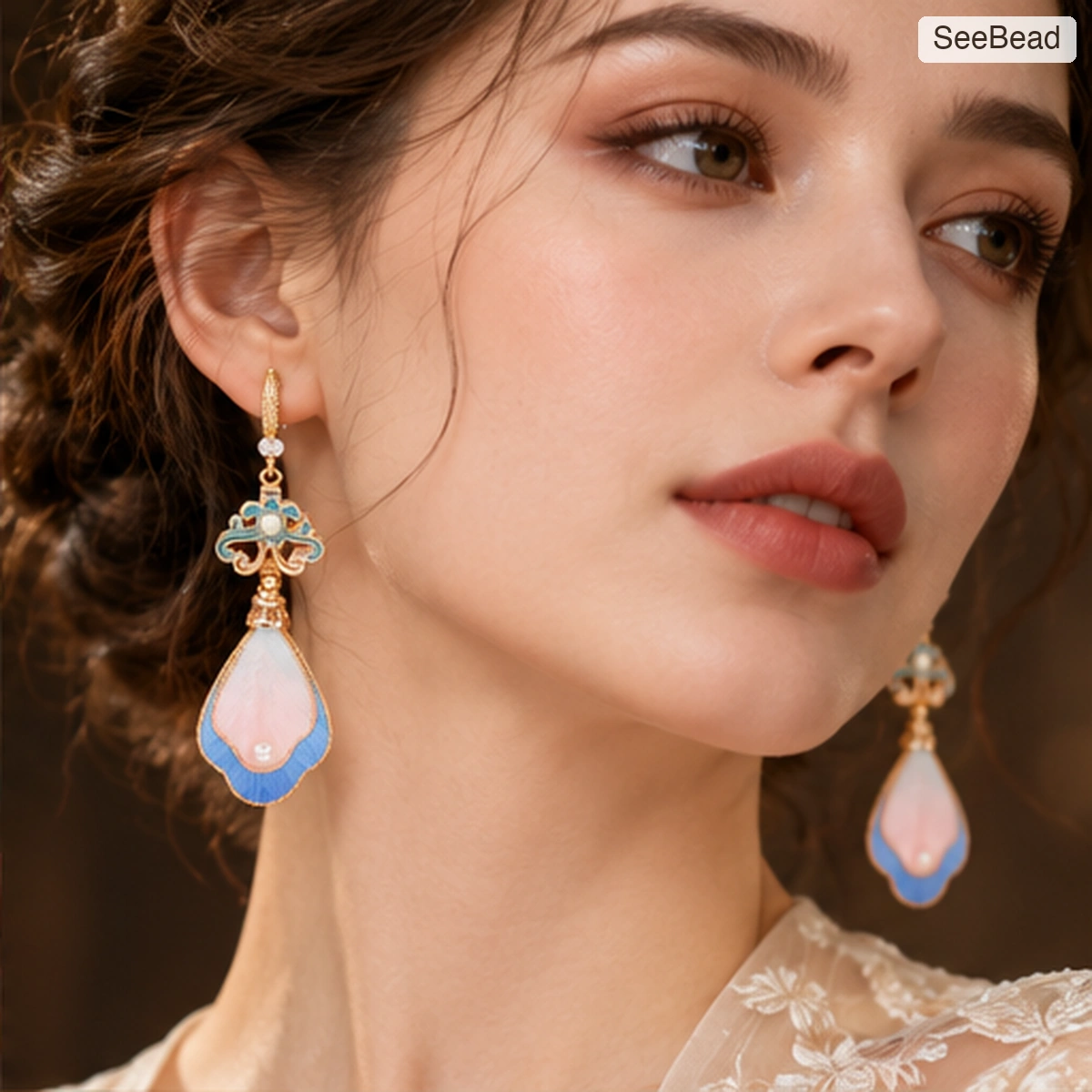 Peach Rhythm Handmade Ronghua Drop Earrings - worn