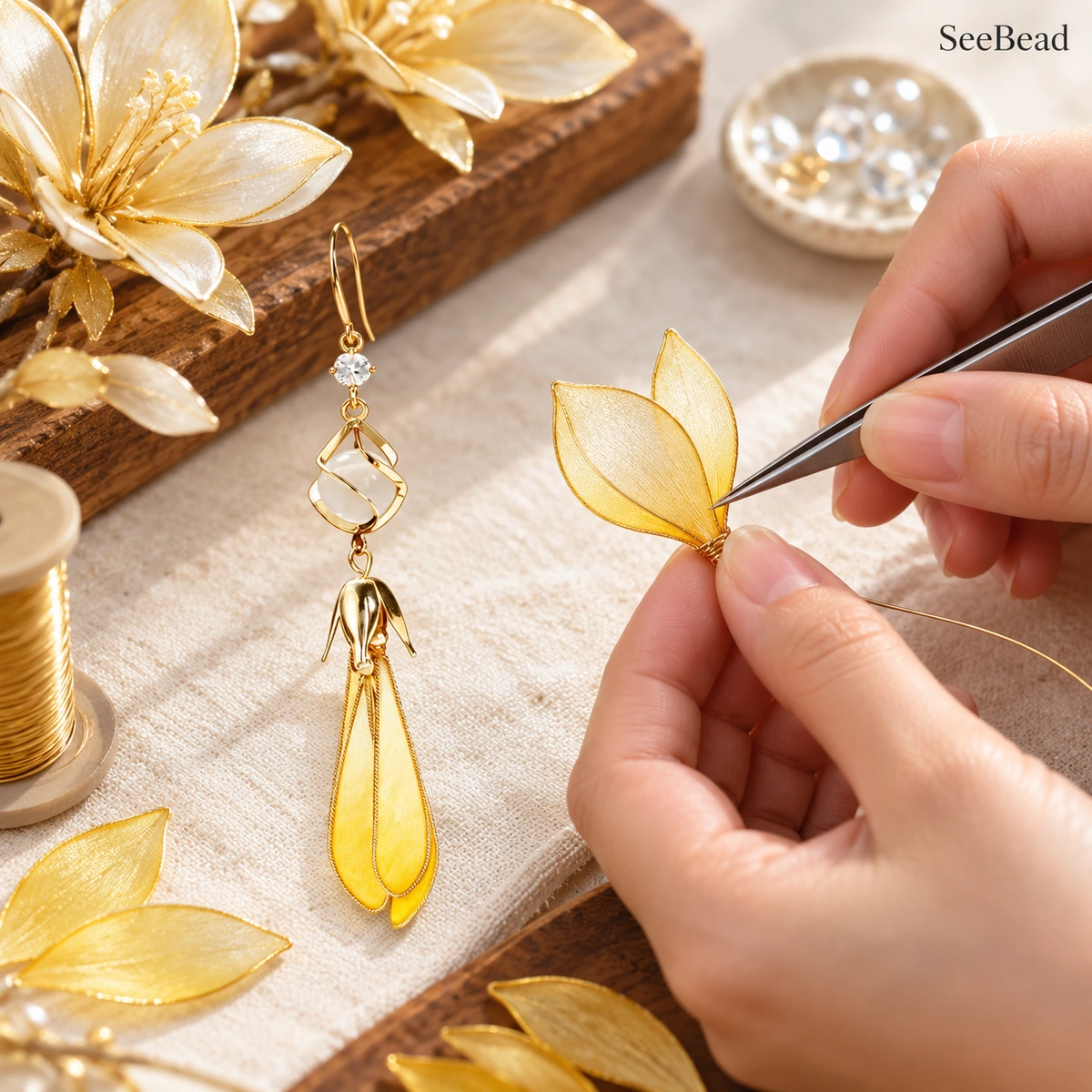 Artisan shaping a Yellow Magnolia Ronghua earring