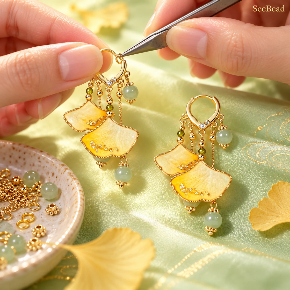 Artisan assembling a Twin Ginkgo Ronghua earring