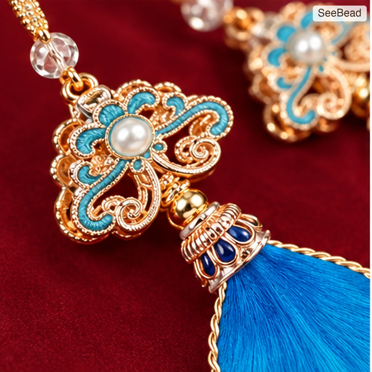 Blue Feather Handmade Ronghua Earrings - detail