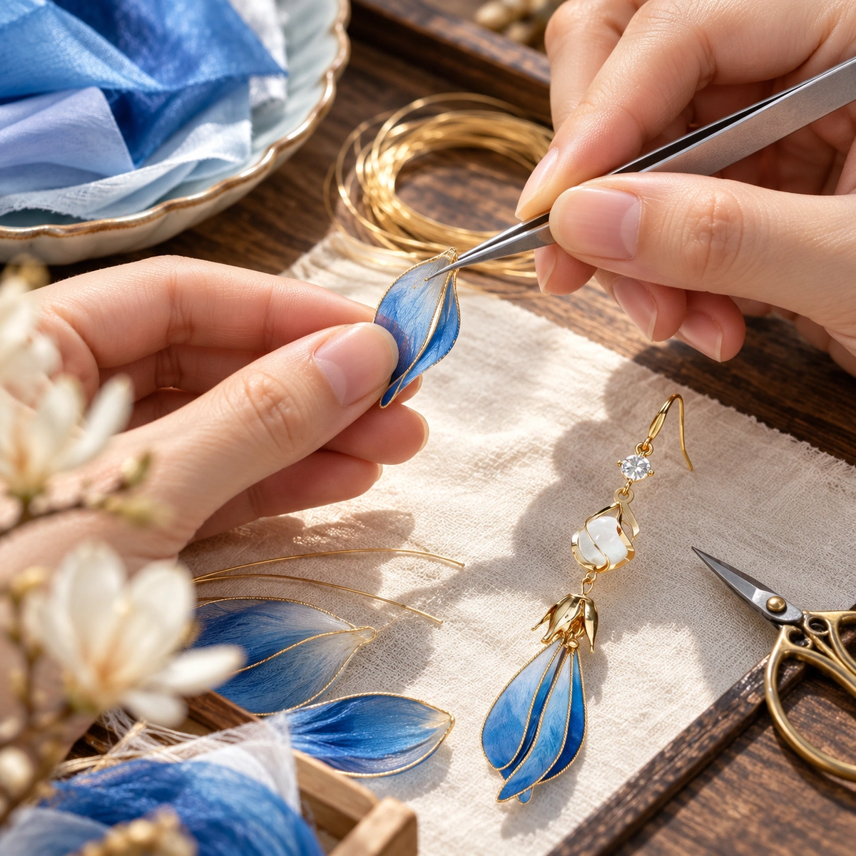 Artisan shaping blue silk petals for Ronghua earrings