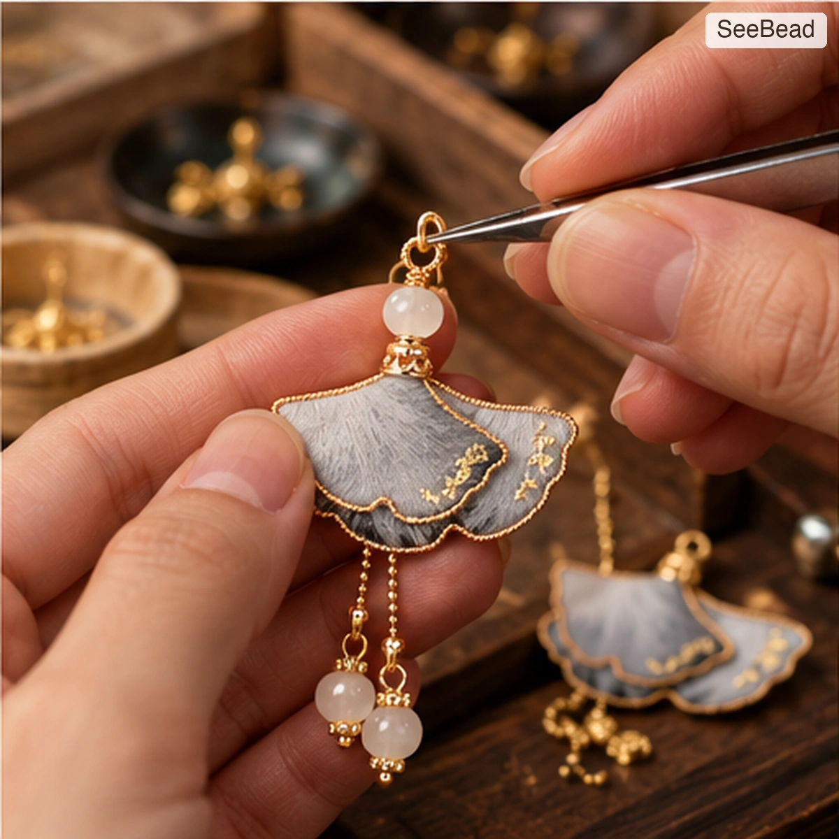 Ink Wash Ginkgo Handmade Ronghua Earrings - craft