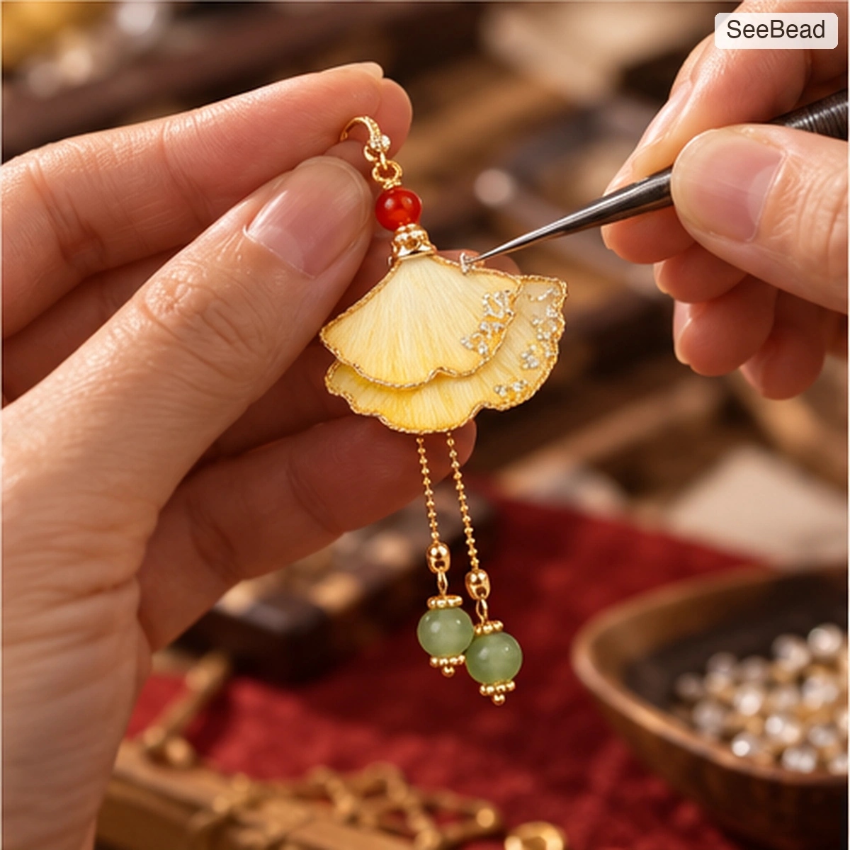 Golden Ginkgo Handmade Ronghua Earrings - craft