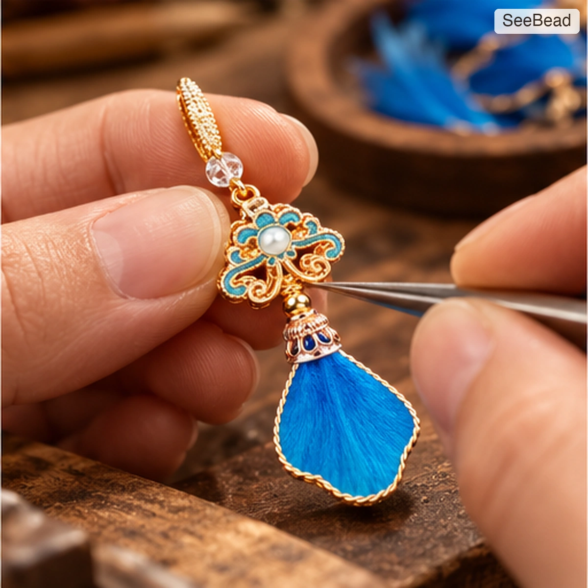 Blue Feather Handmade Ronghua Earrings - craft