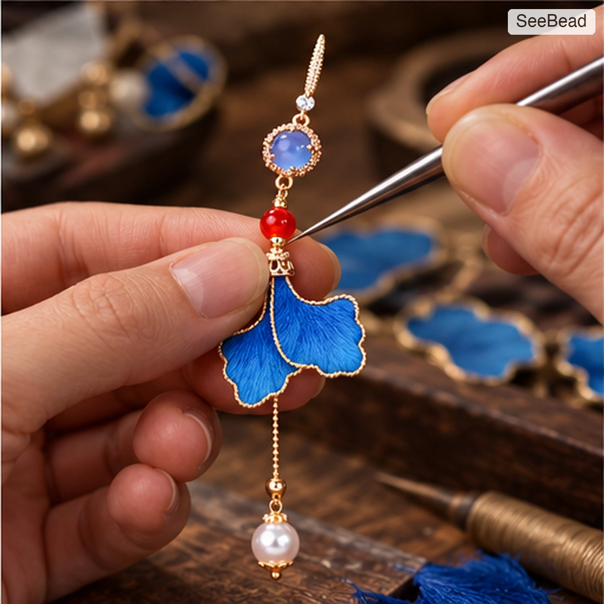 Blue Leaf Handmade Ronghua Earrings - craft