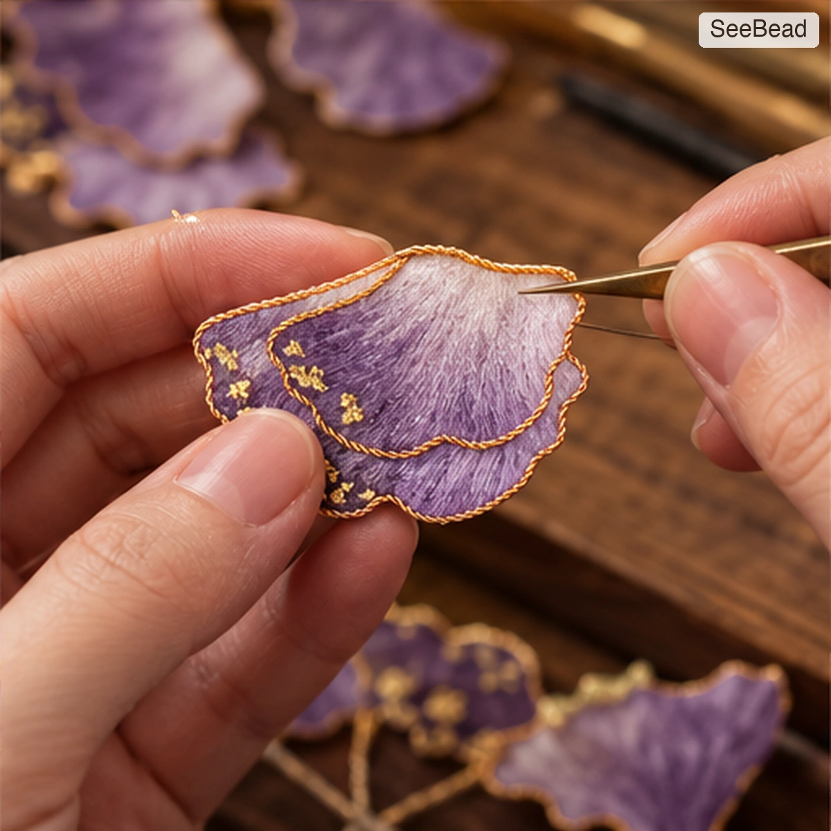 Purple Ginkgo Leaf Handmade Ronghua Earrings - craft