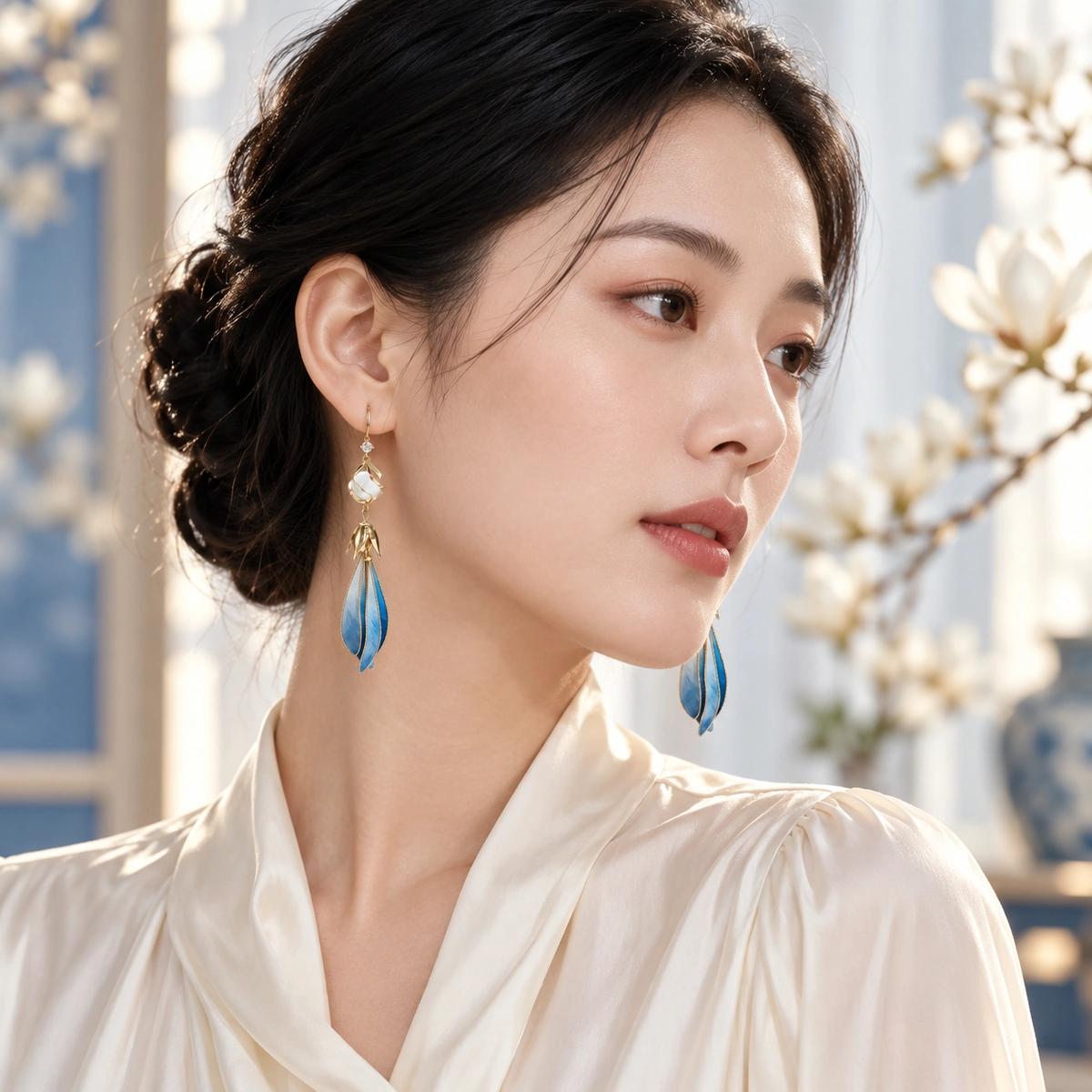 Woman wearing blue magnolia Ronghua drop earrings