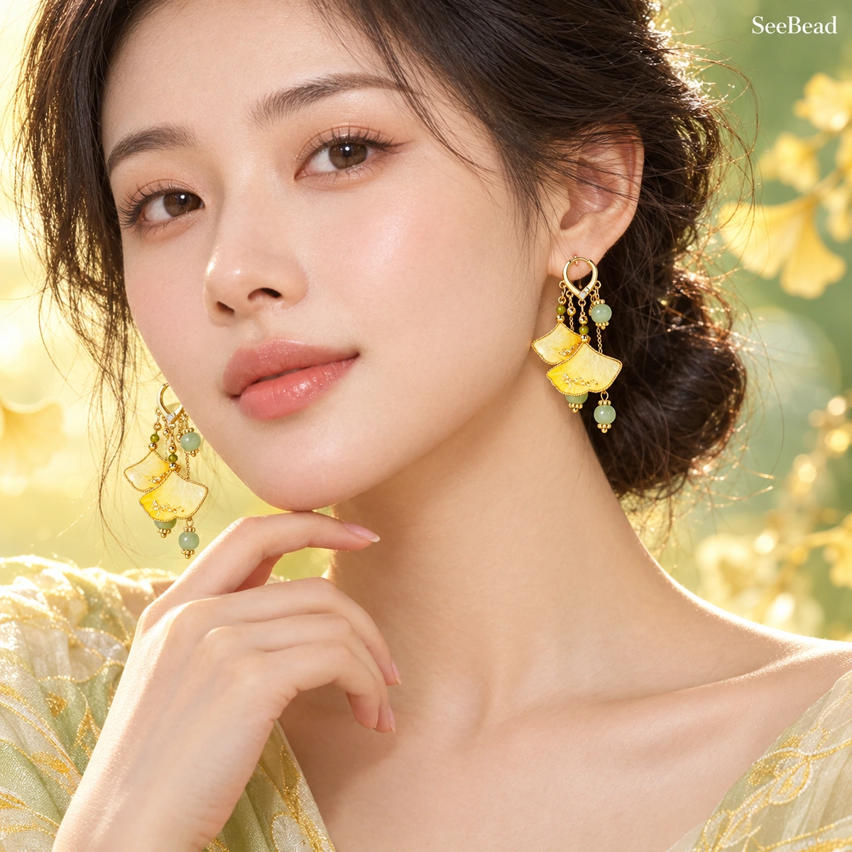 Woman wearing Twin Ginkgo silk earrings