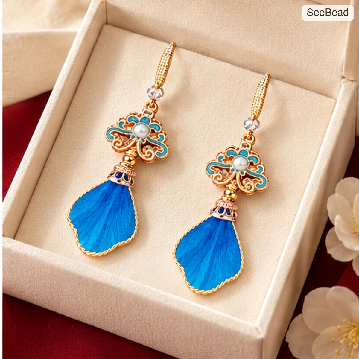 Blue Feather Handmade Ronghua Earrings - gift