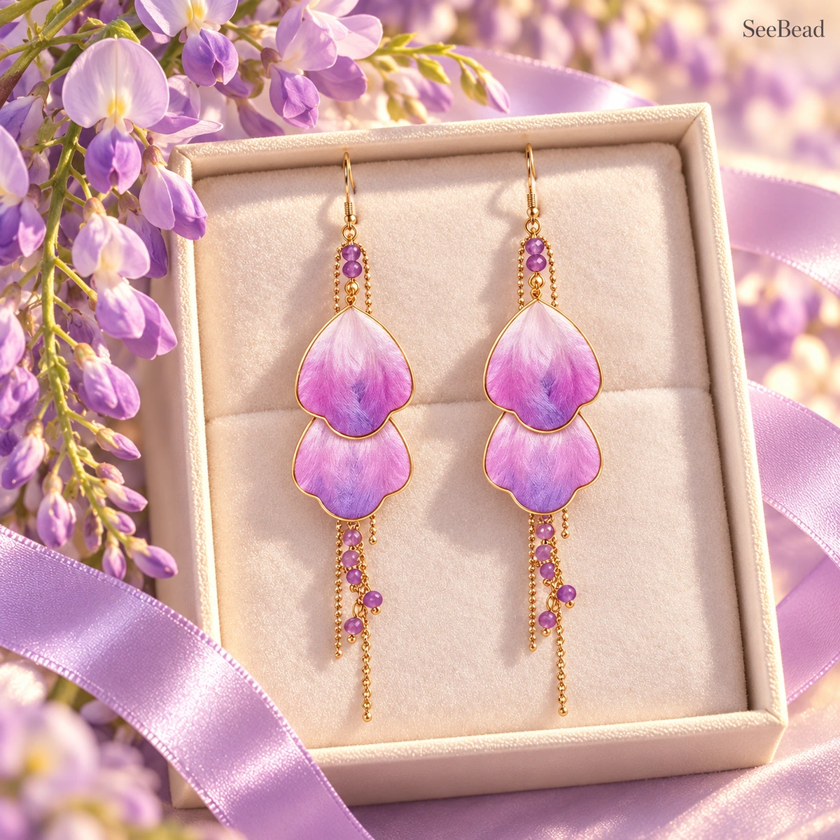 Wisteria earrings in an ivory gift box