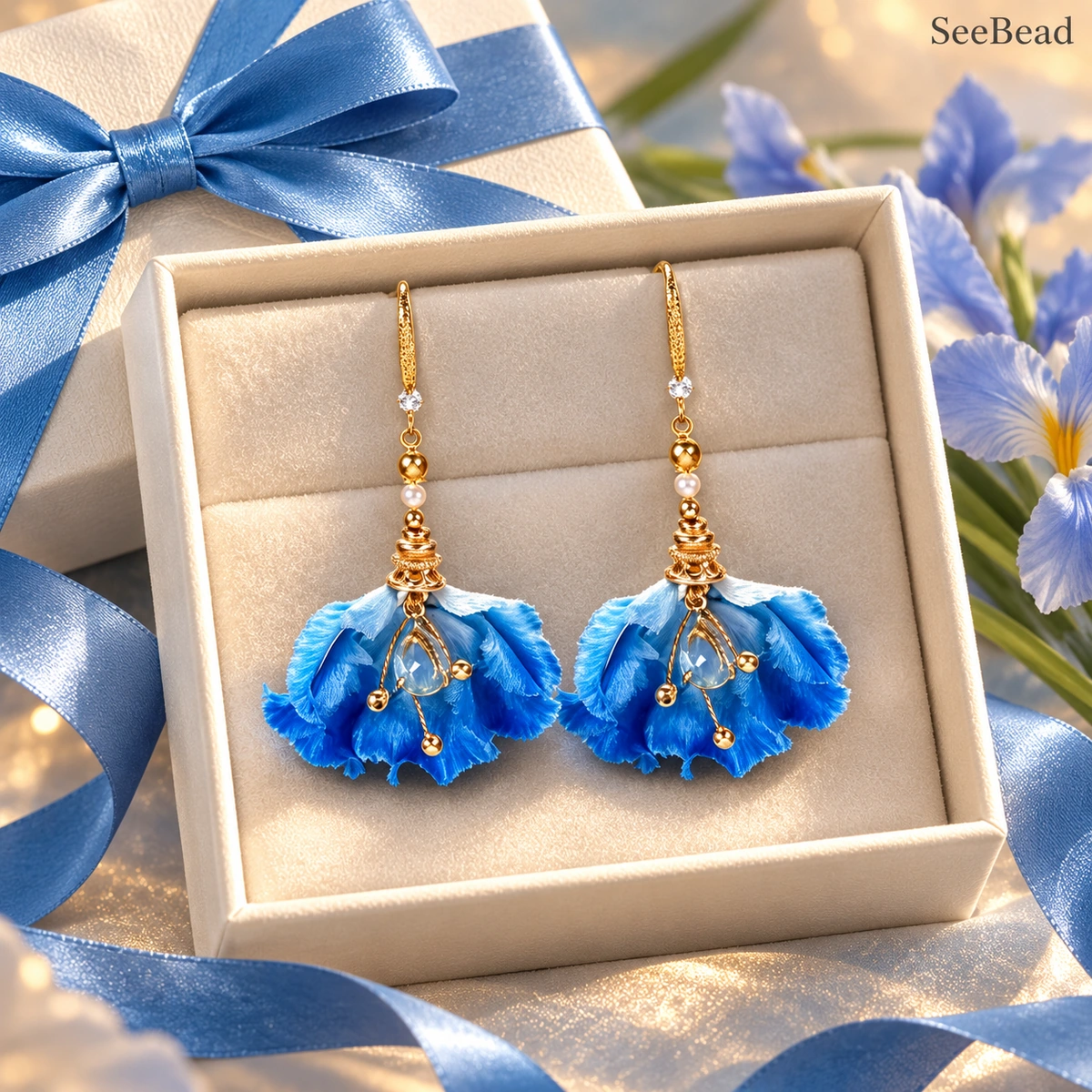 Water Rhythm Iris earrings in an ivory gift box