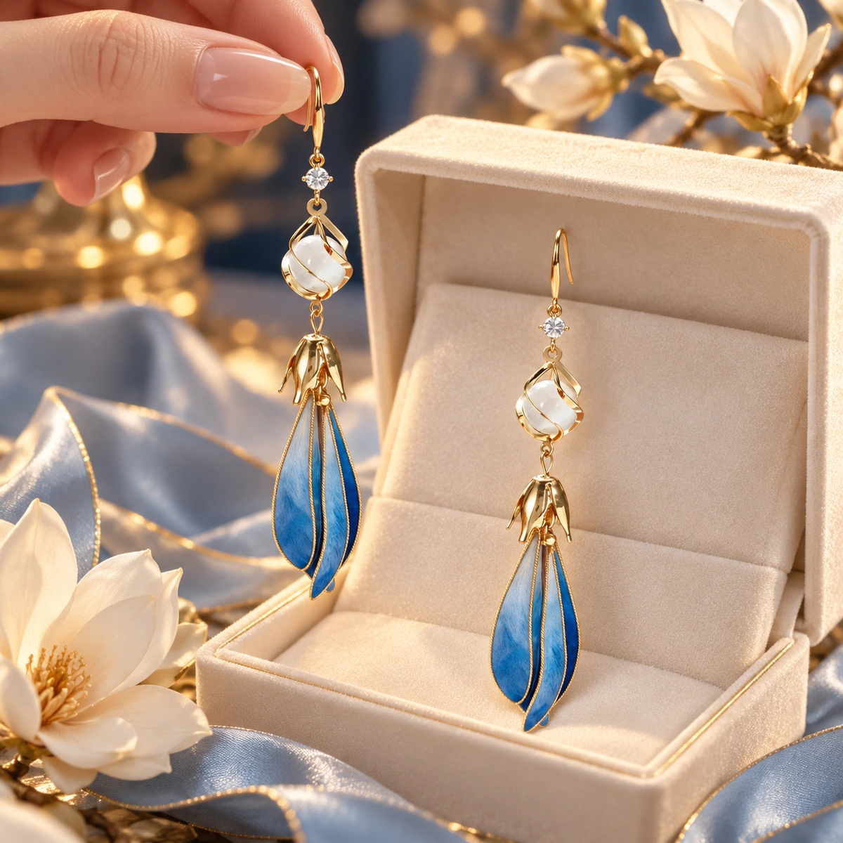 Blue magnolia handmade earrings in an ivory gift box