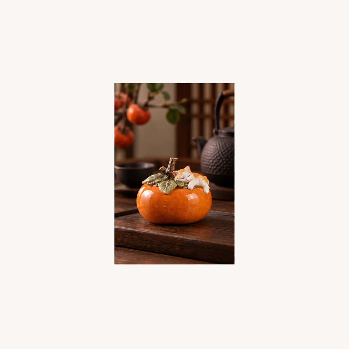 Cat and Persimmon Incense Holder - scene view