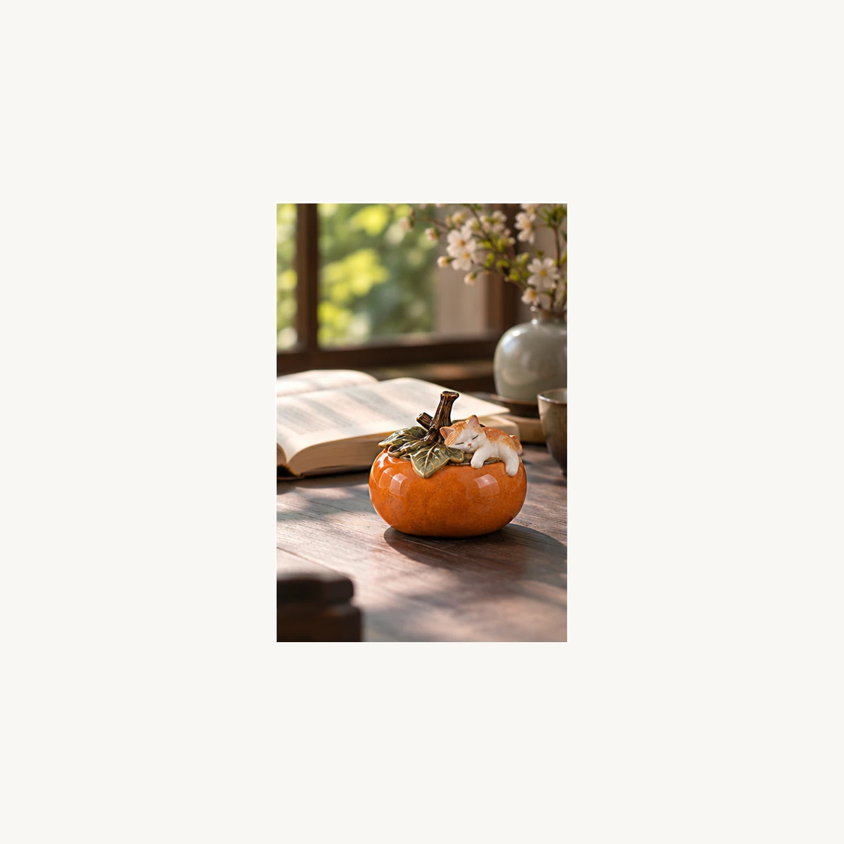 Cat and Persimmon Incense Holder - scene view