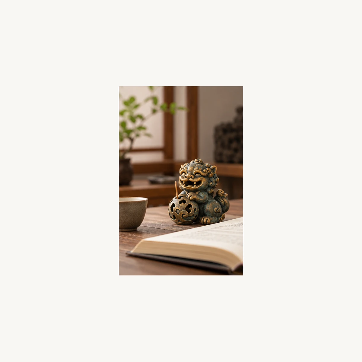 Playful Guardian Lion Incense Holder - scene view