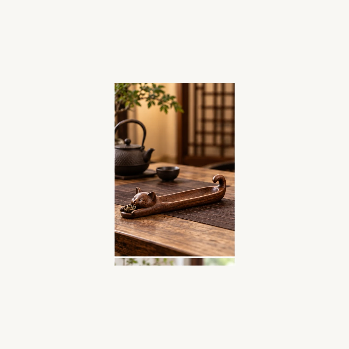 Wooden Cat Incense Tray - scene view