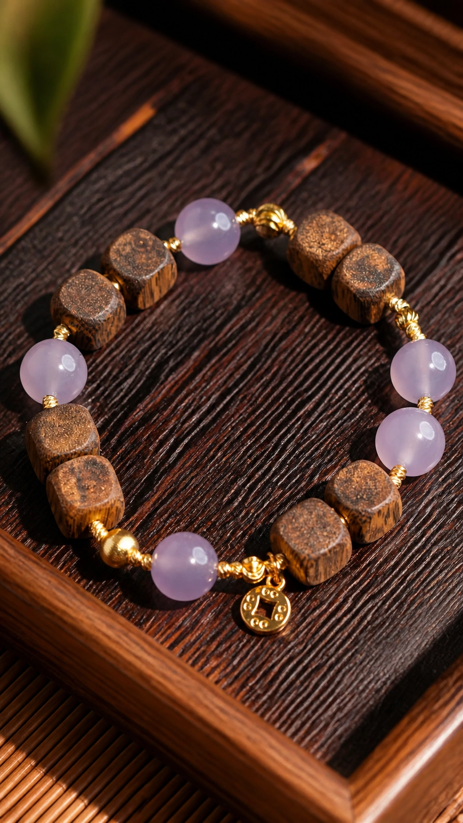 Agarwood and Lavender Jade Cube-Bead Bracelet - image 3