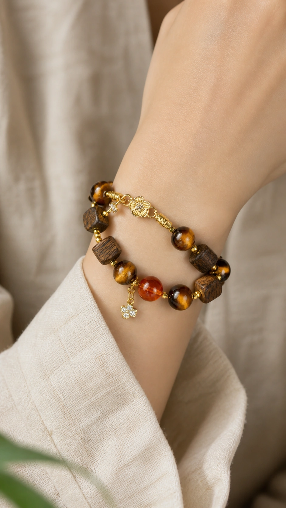 Agarwood, Tiger's Eye and Amber-Tone Bracelet - Styling View