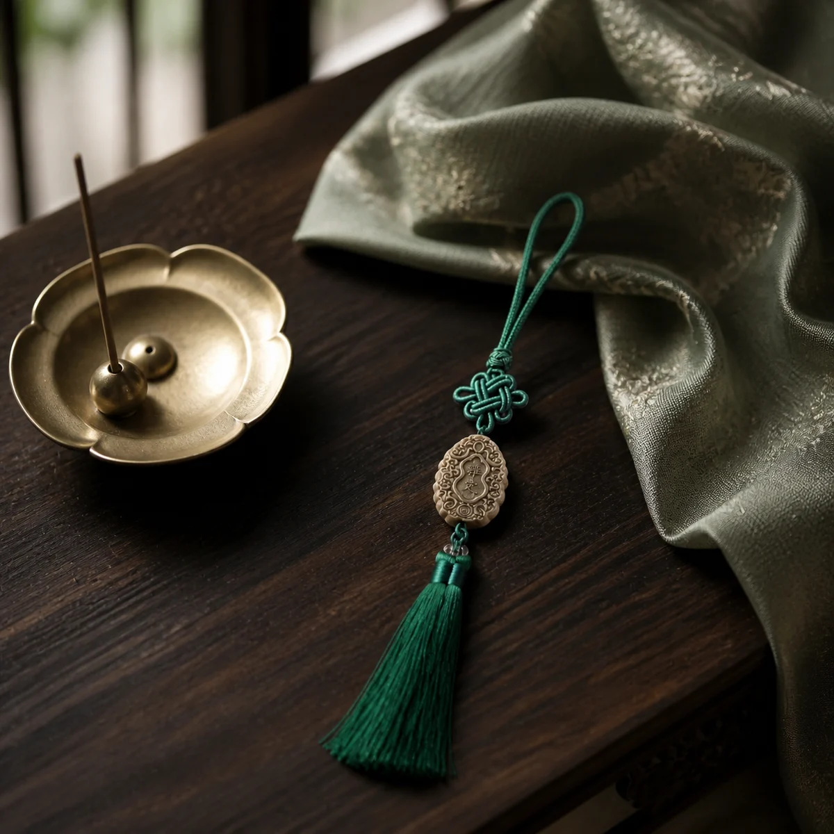 Green Tassel Herbal Incense Pendant - Design Detail