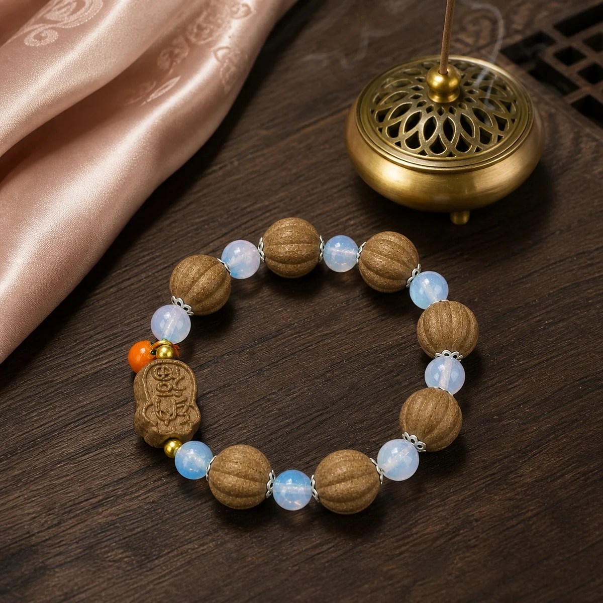 Pastel Botanical Incense Bracelet with Floral Charm - Styled Scene