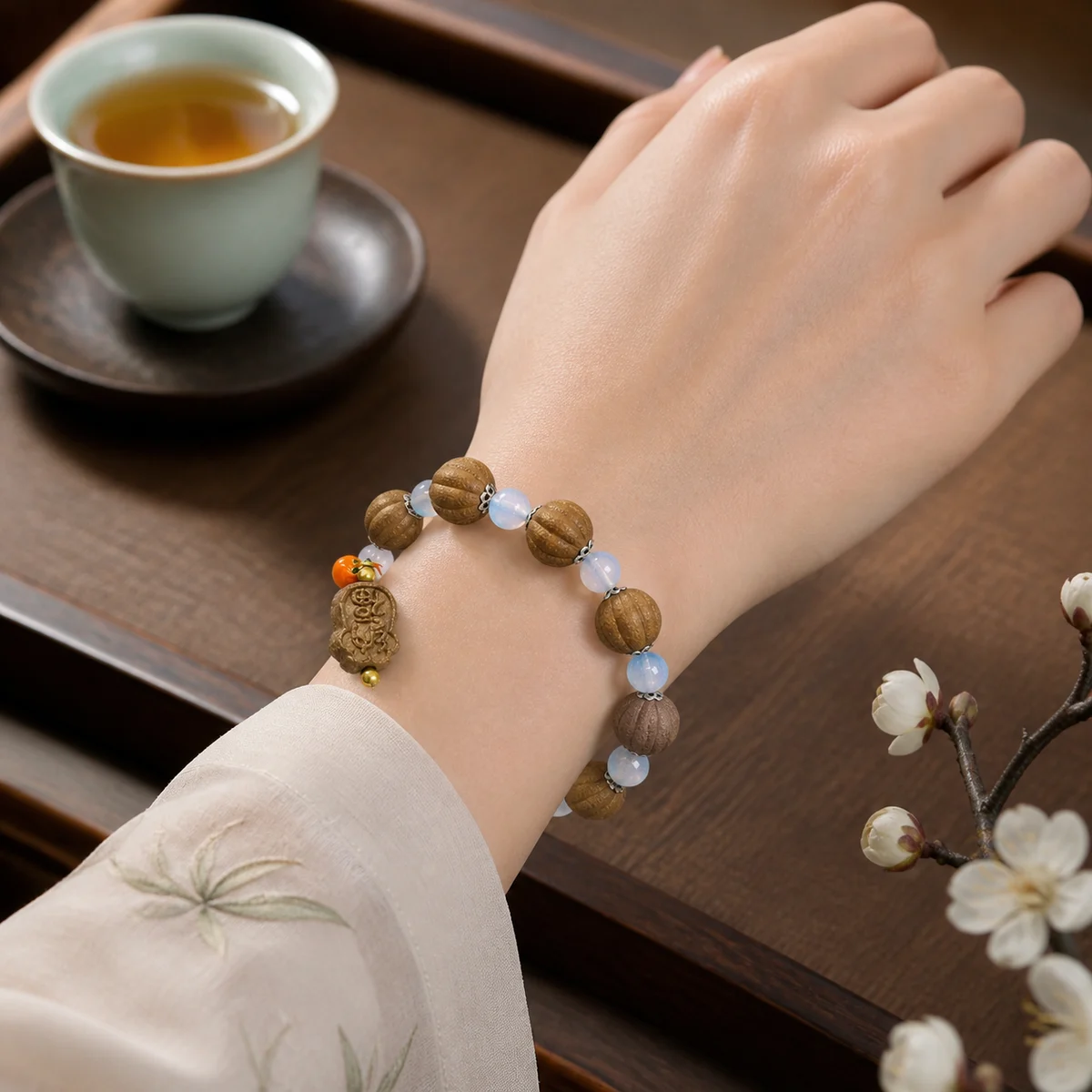 Pastel Botanical Incense Bracelet with Floral Charm - Worn View