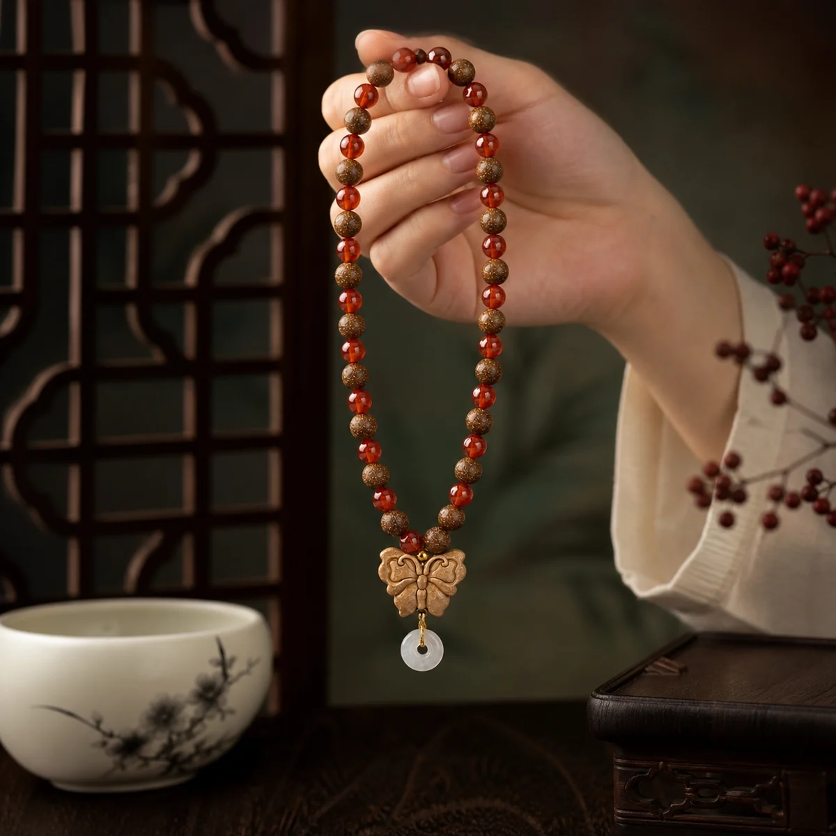 Botanical Incense Prayer Beads with Jade Charm - Styled Scene