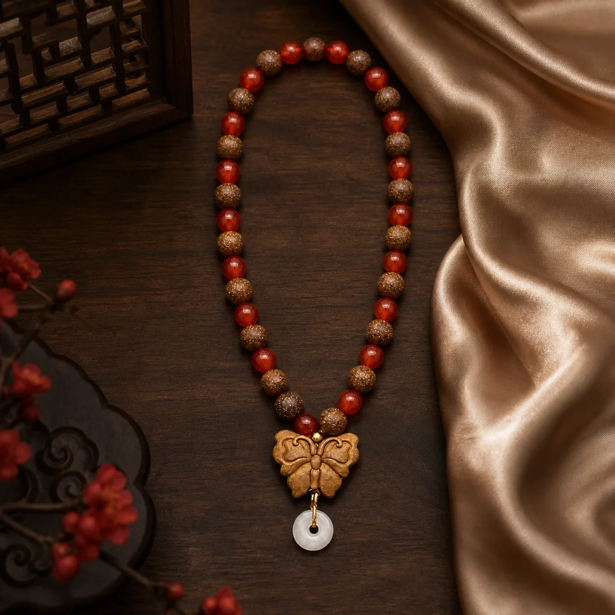 Botanical Incense Prayer Beads with Jade Charm - Styling View