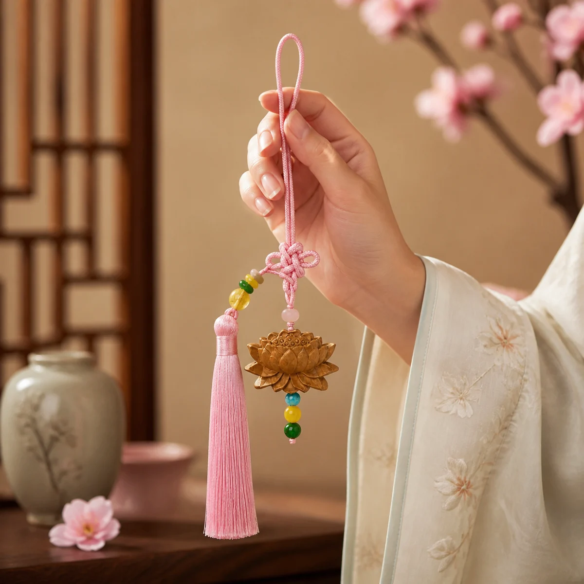 Pink Tassel Botanical Incense Hanging Ornament - Styled Scene