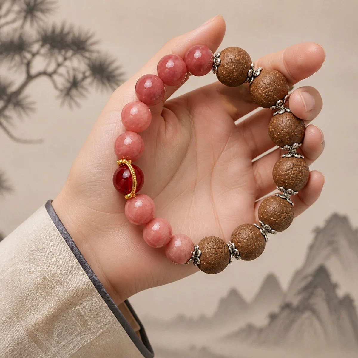 Pink Gemstone and Botanical Incense Bracelet - Design Detail