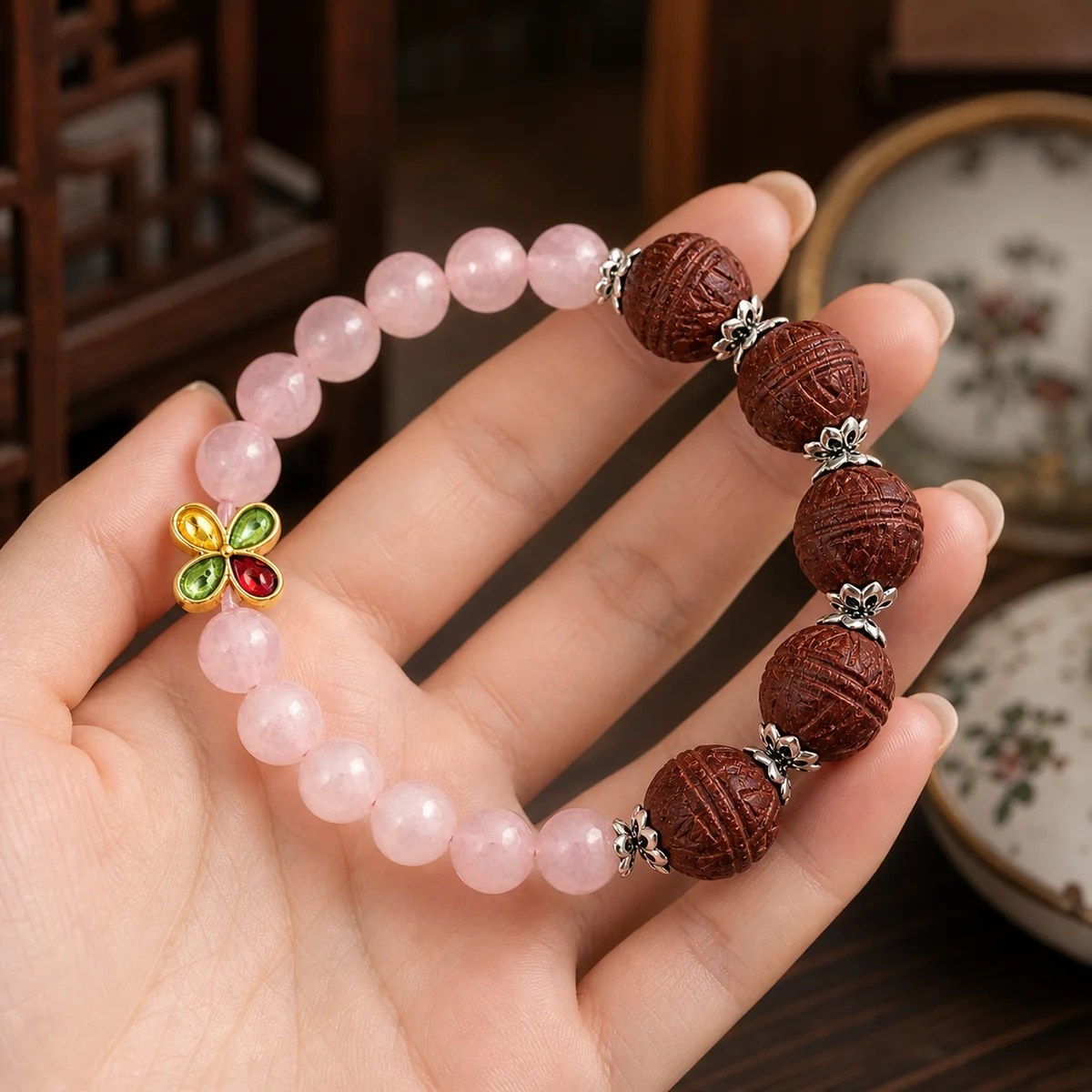 Rose Quartz and Botanical Incense Bracelet - Material Detail
