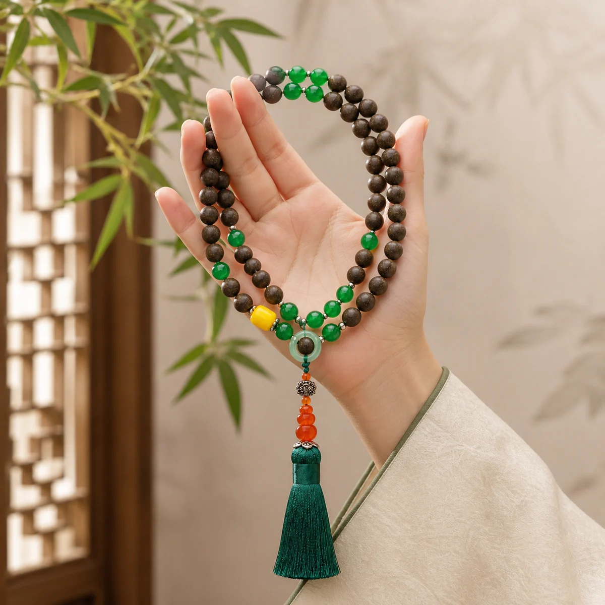 Green Gemstone Botanical Incense Prayer Beads - Styling View