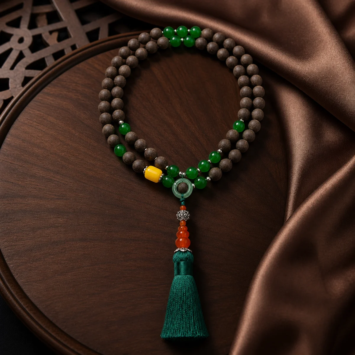 Green Gemstone Botanical Incense Prayer Beads - Design Detail