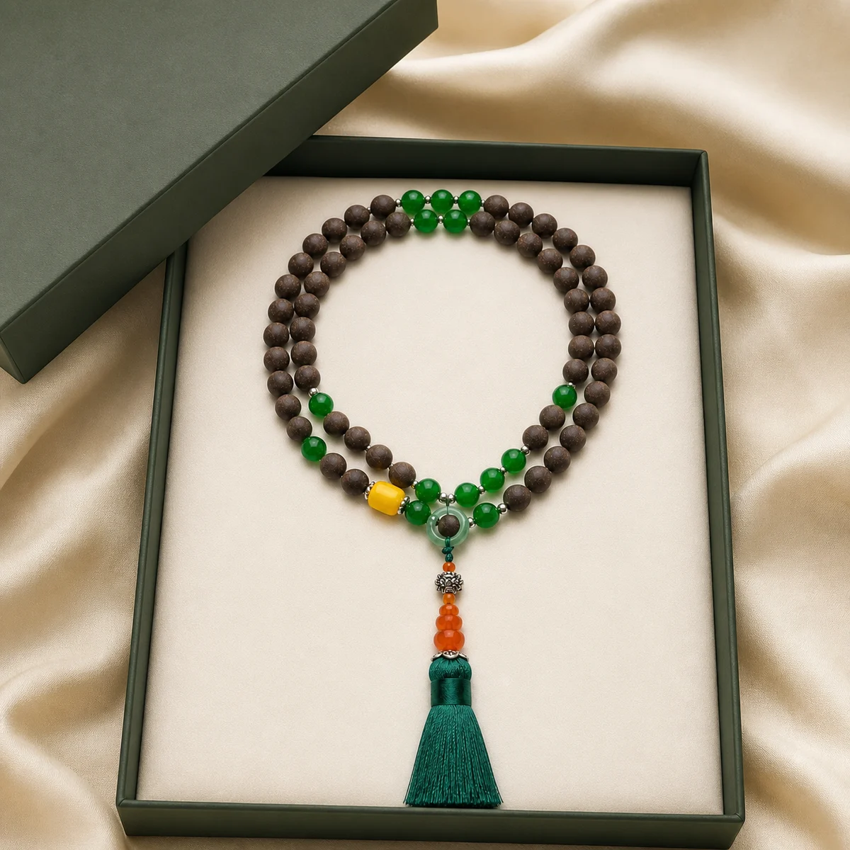 Green Gemstone Botanical Incense Prayer Beads - Gift Presentation