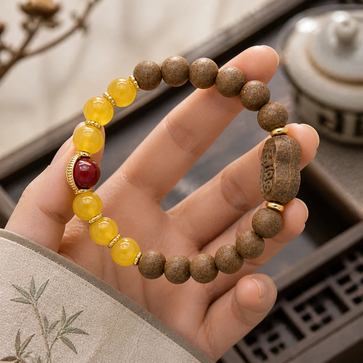 Yellow Jade and Botanical Incense Bracelet - Styled Scene