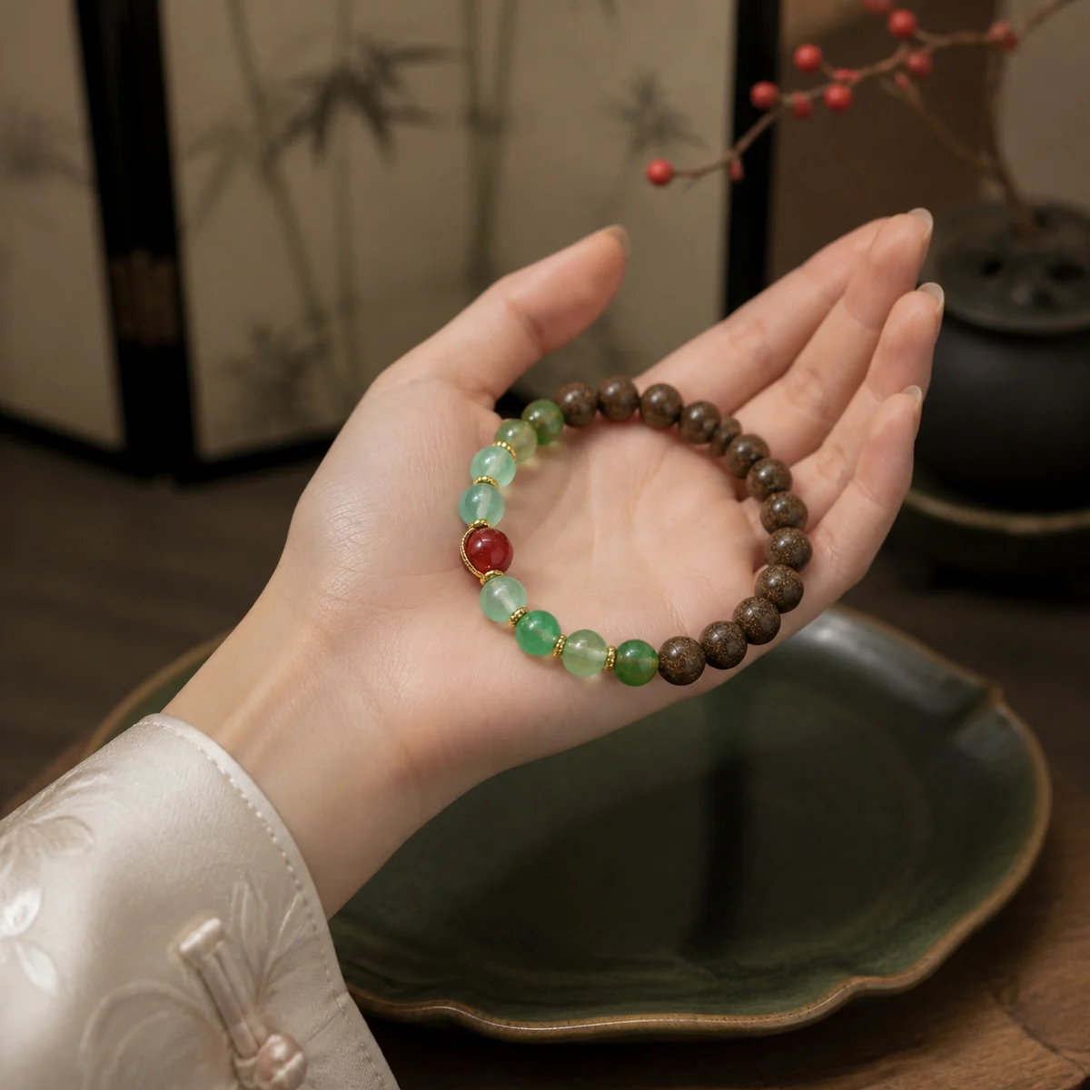 Green Jade and Botanical Incense Bracelet - Design Detail