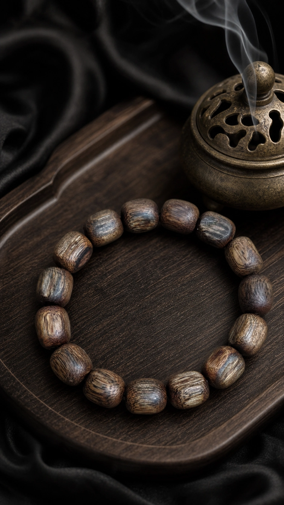 Hainan Agarwood Cube-Bead Bracelet, 7mm product view showing materials, bead shape, texture and design details, styled incense scene